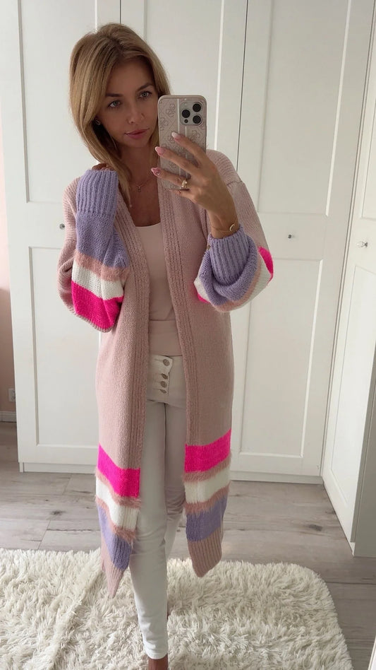 Long open Front cardigan with stripes